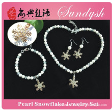 Handmade Snowflake Pendant Necklace Bracelet Earring Pearl Jewelry Set